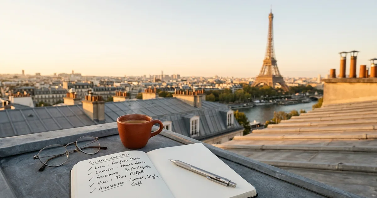Café parisien avec laptop et Tour Eiffel en arrière-plan