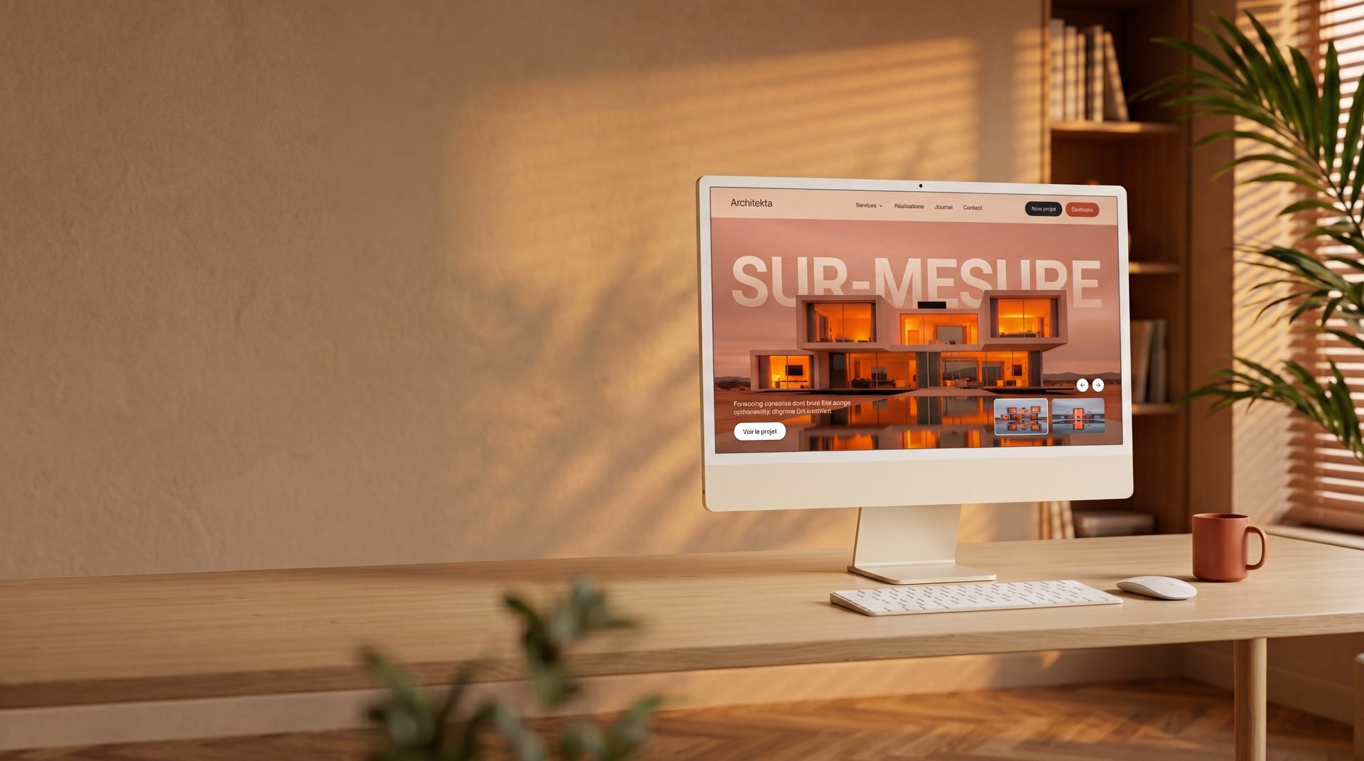 MR Agence Web : iMac affichant un site éditorial sur-mesure, ambiance chaleureuse